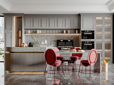 Modern Kitchen Interior With Gray Cabinets Island Counter Red Chairs And Appliances 3d model