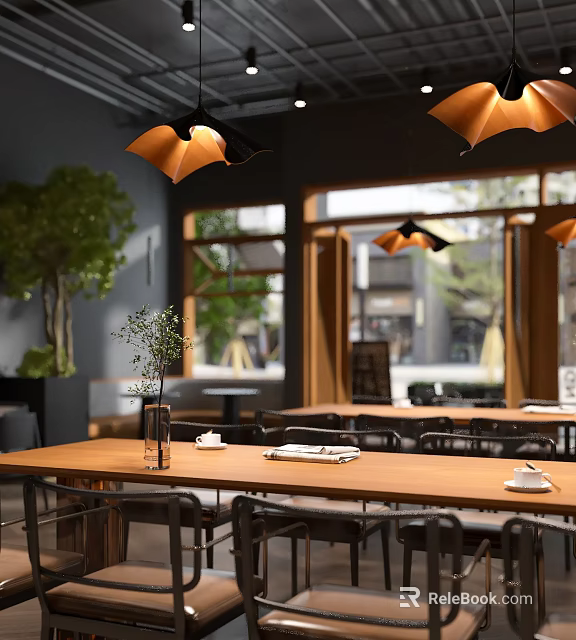 Modern Cafe Interior With Wooden Tables Teacups Vase Plant Orange Pendant Lights And Window Greenery 3d model 