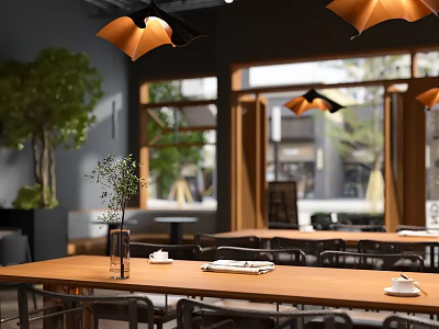 Modern Cafe Interior With Wooden Tables Teacups Vase Plant Orange Pendant Lights And Window Greenery 3d model
