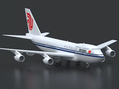 Air China Passenger Airplane With White Body Blue Stripes Red Tail Logo And Four Engines 3d model