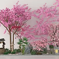 Japanese Style Garden Decor with Pink Cherry Blossom Trees Torii Gate Lantern Rocks Small Plants