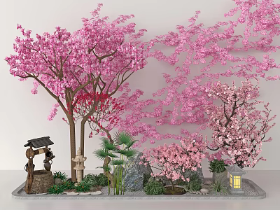Japanese Style Garden Decor with Pink Cherry Blossom Trees Torii Gate Lantern Rocks Small Plants 3d model