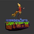 3D Character Standing On Decorative Platform With ICONOCLASTS Text Green Leaves And Red Flowers
