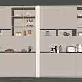 Modern Beige Wine Cabinet with Open Storage Shelves Holding Wine Bottles Glasses and Coffee Appliances