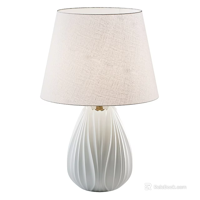Modern Table Lamp With Linen Fabric Lampshade And White Ribbed Ceramic Base 3d model