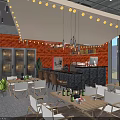 Modern Restaurant Interior With Chefs At Counter String Lights Greenery Wall And Wooden Furniture