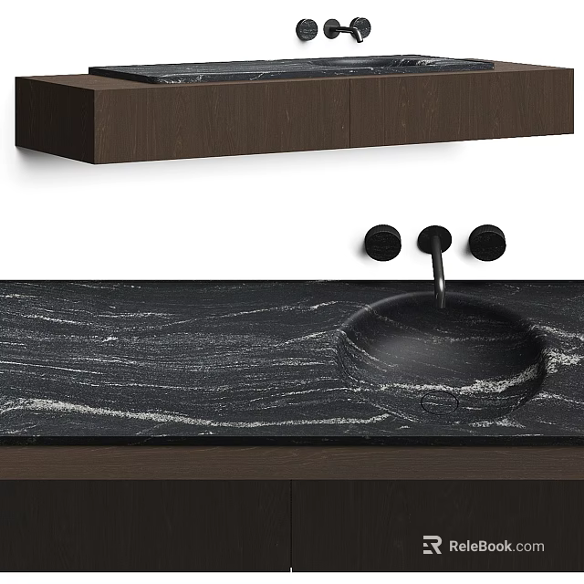 Sleek Black Marble Washbasin with Undermount Design and Dark Wood Cabinet 3d model 