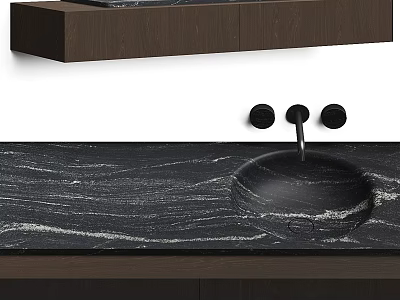 Sleek Black Marble Washbasin with Undermount Design and Dark Wood Cabinet 3d model