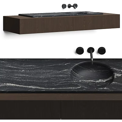 Sleek Black Marble Washbasin with Undermount Design and Dark Wood Cabinet 3d model