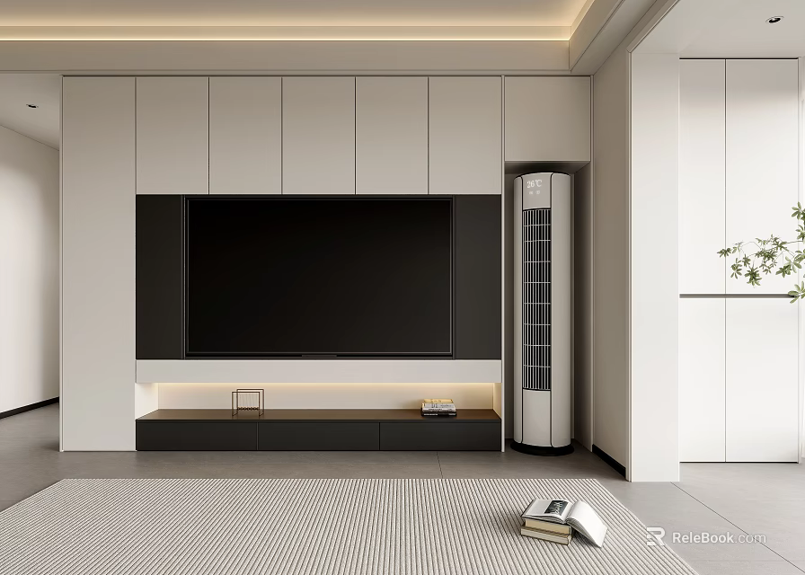 Modern TV Cabinet Design With White Black Panels And Standing Air Conditioner In Living Room 3d model 