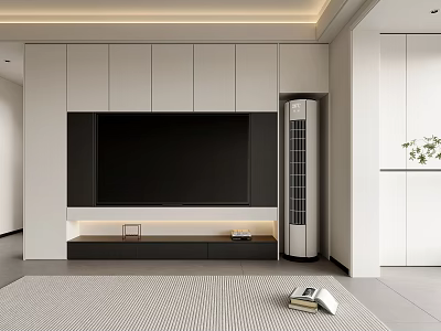 Modern TV Cabinet Design With White Black Panels And Standing Air Conditioner In Living Room 3d model