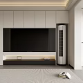Modern TV Cabinet Design With White Black Panels And Standing Air Conditioner In Living Room