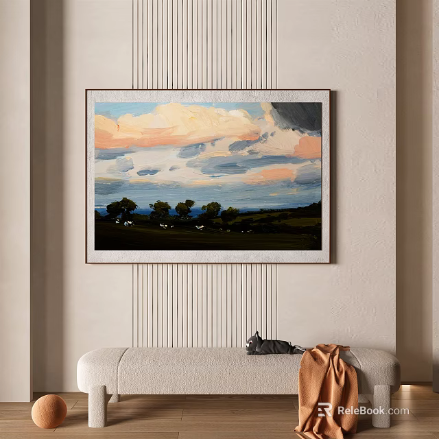 Landscape Wall Art With Colorful Sky Clouds Trees And Green Grass 3d model 