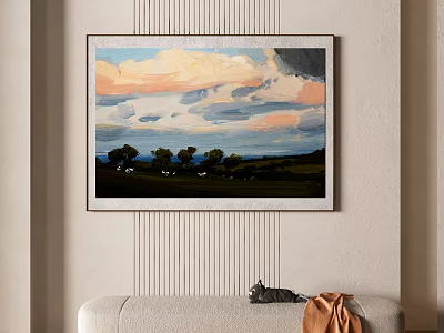Landscape Wall Art With Colorful Sky Clouds Trees And Green Grass 3d model