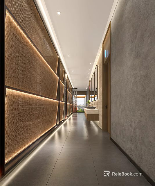 Modern Public Restroom Interior Design With Woven Panels And Lighting 3d model 