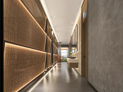 Modern Public Restroom Interior Design With Woven Panels And Lighting 3d model
