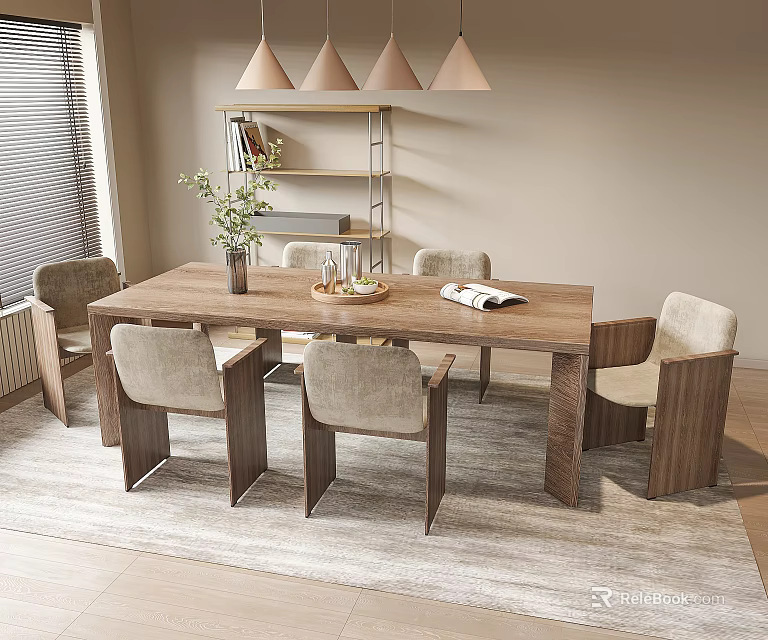 Modern Wooden Dining Table Set with Matching Chairs Decorative Vase Books and Pendant Lights 3d model 
