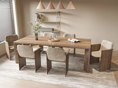 Modern Wooden Dining Table Set with Matching Chairs Decorative Vase Books and Pendant Lights 3d model