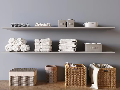 Woven and Lidded Storage Baskets for Home Organization With Stacked Towels on Shelves and Fabric 3d model
