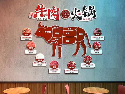 Authentic Beef Hot Pot Restaurant Featuring Various Beef Cuts Wooden Tables And Red Chairs 3d model