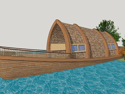 Floating Wooden Houseboat With Arched Roof Windows And Trees Nearby Water 3d model