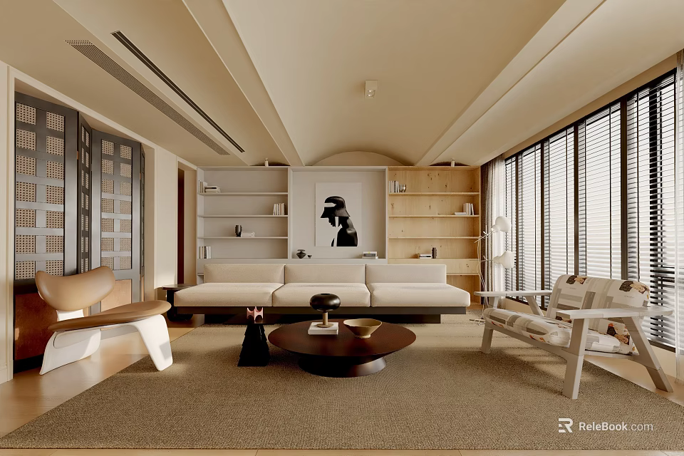 Modern Living Room Interior Design With White Sofa Round Coffee Table And Wooden Bookshelves 3d model 