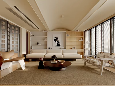 Modern Living Room Interior Design With White Sofa Round Coffee Table And Wooden Bookshelves 3d model