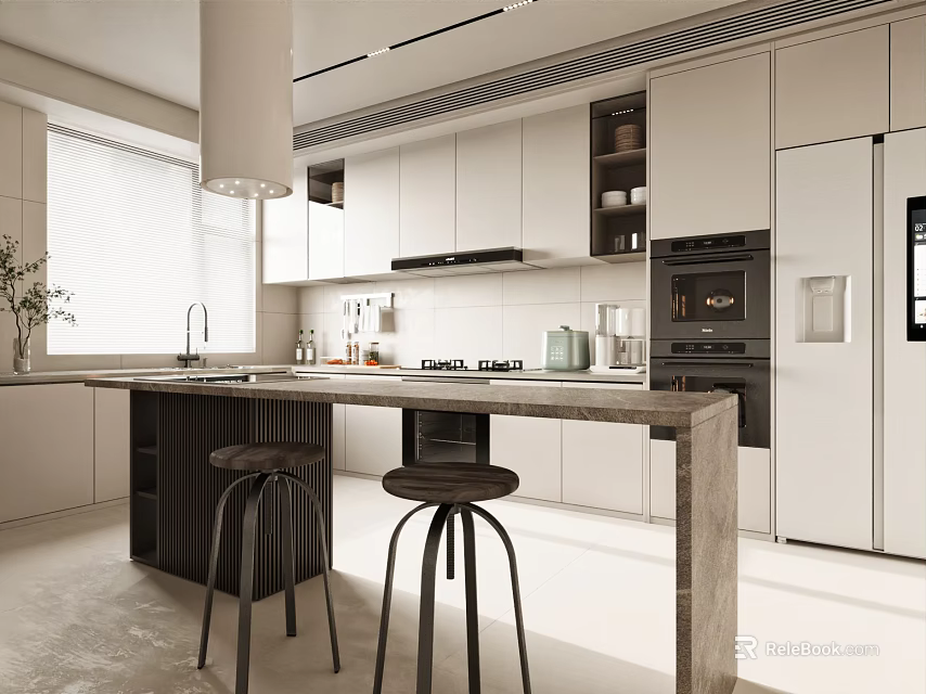 Modern Kitchen Interior With Island Counter White Cabinets Black Stools And Appliances 3d model 
