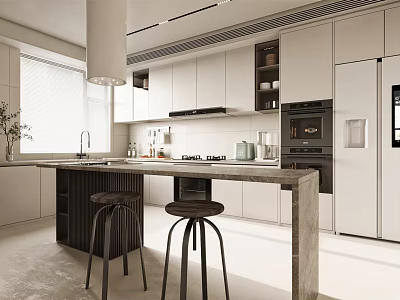 Modern Kitchen Interior With Island Counter White Cabinets Black Stools And Appliances 3d model