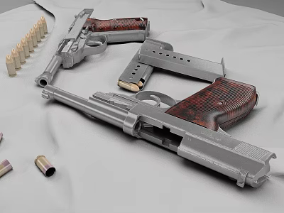 Vintage Pistols With Wooden Grips Magazines And Bullets On White Cloth 3d model