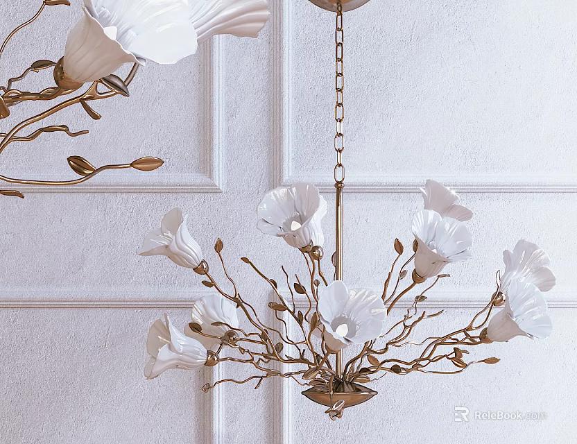 Elegant White Flower Shaped Chandelier With Golden Branches And White Wall Background 3d model 