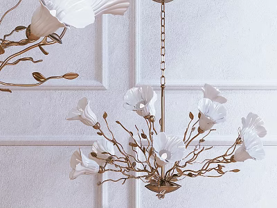 Elegant White Flower Shaped Chandelier With Golden Branches And White Wall Background 3d model