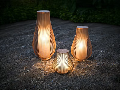 Wooden Textured Decorative Lamps In Various Sizes With Warm Light For Outdoor Use 3d model