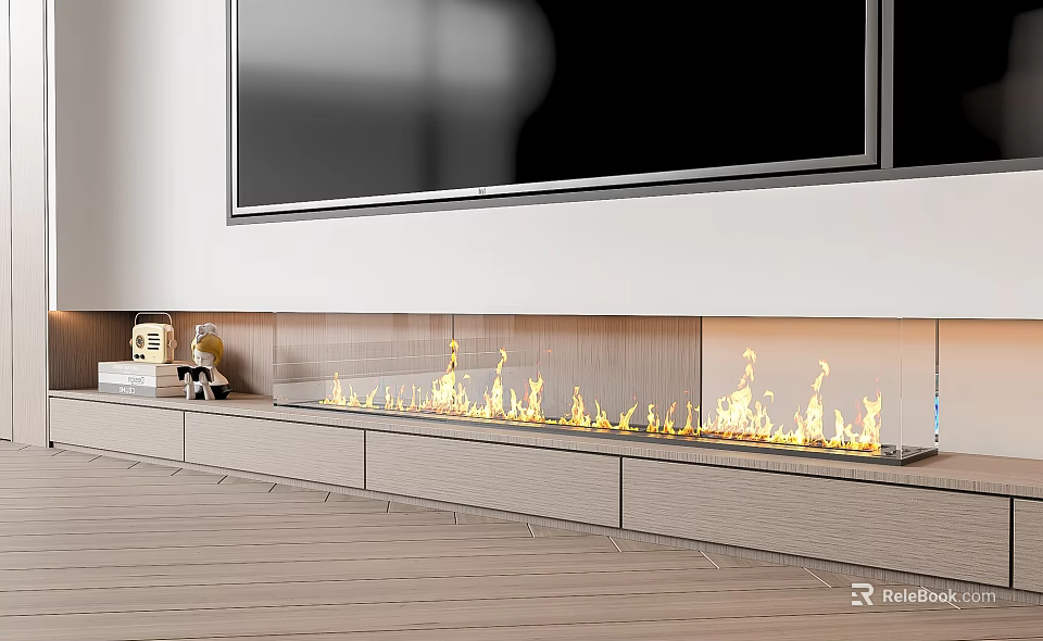 Modern Living Room Fireplace With Built in Design Flames TV Above And Wooden Floor 3d model 