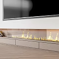 Modern Living Room Fireplace With Built in Design Flames TV Above And Wooden Floor