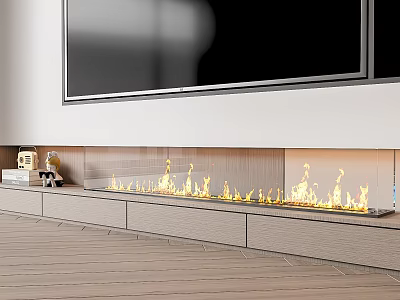 Modern Living Room Fireplace With Built in Design Flames TV Above And Wooden Floor 3d model