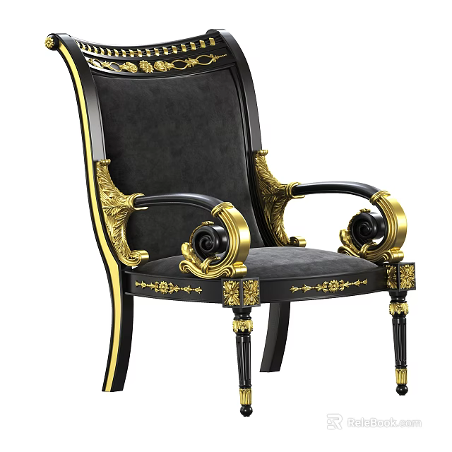Classical Style Black Dining Chair With Golden Carved Accents And Upholstered Backrest 3d model 