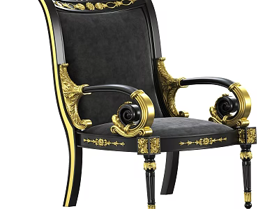 Classical Style Black Dining Chair With Golden Carved Accents And Upholstered Backrest 3d model