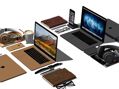 Modern Laptops With Tablet Headphones Smartphone Notebook Pens And Coffee Cup On Desk 3d model