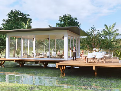 Sunroom Over Water With Wooden Deck Glass Walls And Greenery Surroundings 3d model