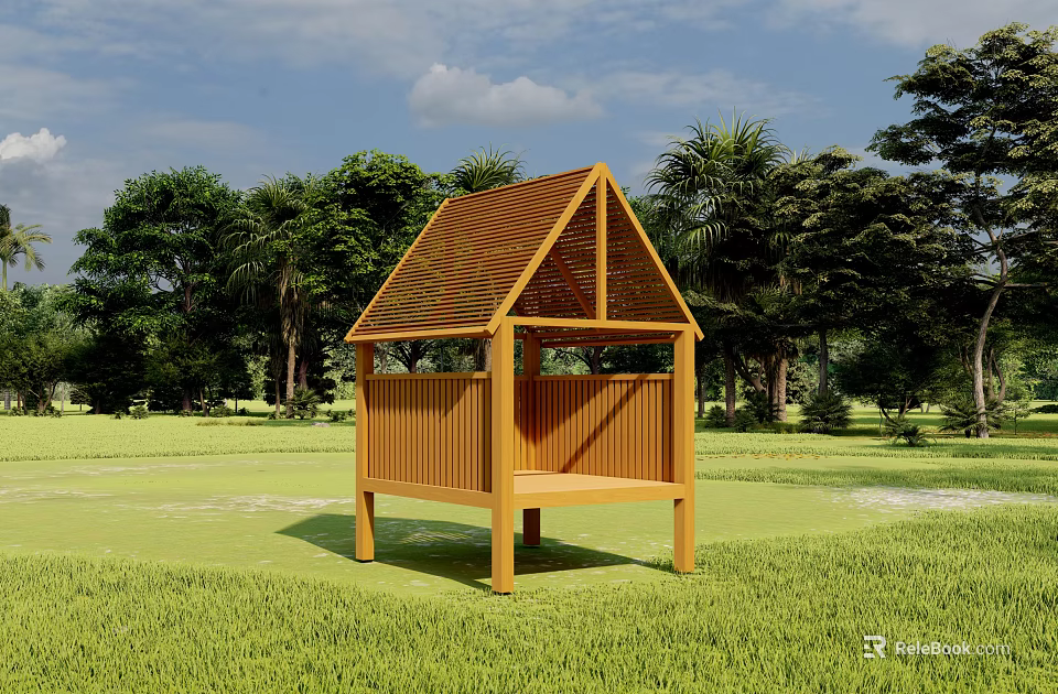 Wooden Garden Pavilion In Green Grass Field With Trees And Blue Sky 3d model 