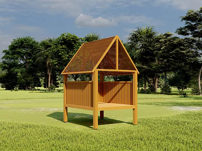 Wooden Garden Pavilion In Green Grass Field With Trees And Blue Sky 3d model