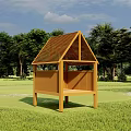 Wooden Garden Pavilion In Green Grass Field With Trees And Blue Sky
