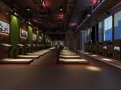 Modern Fitness Gym Interior With Treadmills Green Plant Wall And Red Lighting 3d model