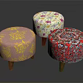 Decorative Ottoman Stools With Three Different Floral Patterns And Wooden Legs 3d model