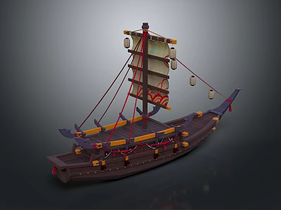 Traditional Wooden Ship Model With Decorative Sails And Hanging Lanterns 3d model
