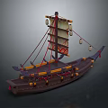 Traditional Wooden Ship Model With Decorative Sails And Hanging Lanterns