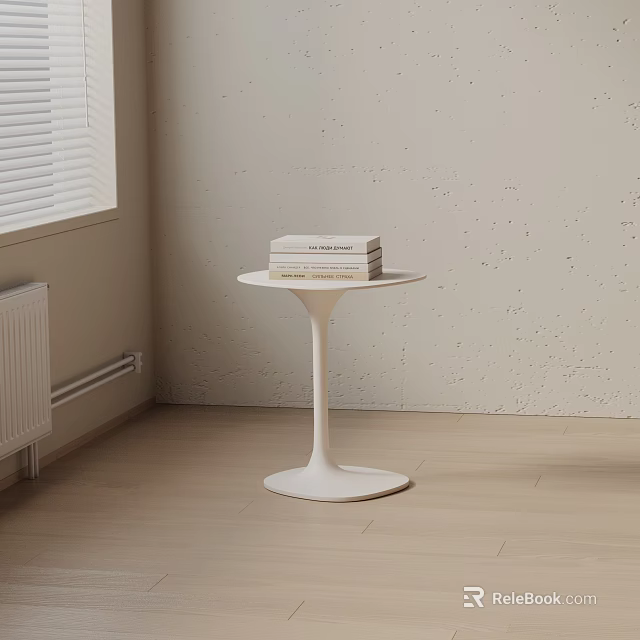Minimalist White Side Table With Stacked Books On Light Wood Floor And Textured Wall 3d model 