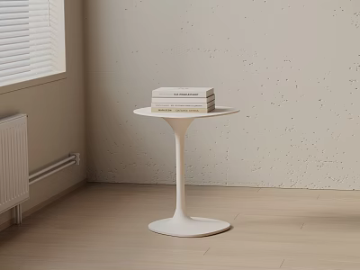 Minimalist White Side Table With Stacked Books On Light Wood Floor And Textured Wall 3d model