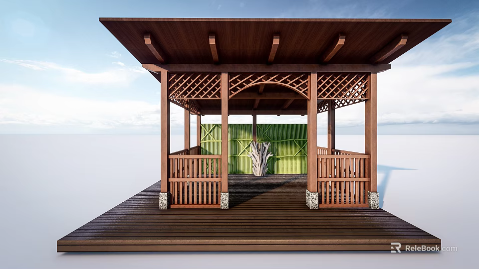 Wooden Pavilion With Latticed Structure Wooden Roof Railings Deck And Green Backdrop Sculpture 3d model 